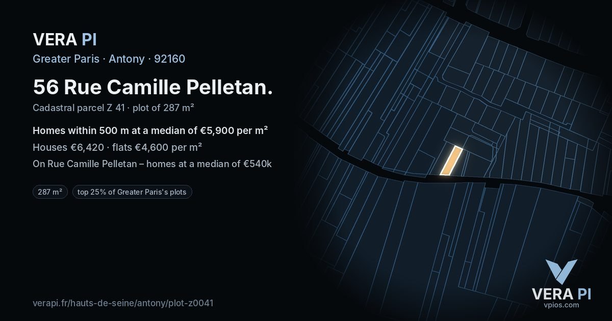 56 Rue Camille Pelletan, Antony at night – the plot lit, the parcels around coloured by the prices near them