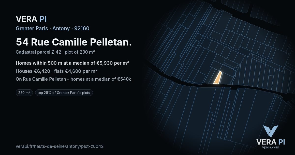 54 Rue Camille Pelletan, Antony at night – the plot lit, the parcels around coloured by the prices near them