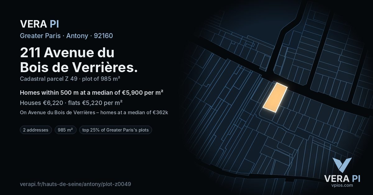 211 Avenue du Bois de Verrières, Antony at night – the plot lit, the parcels around coloured by the prices near them