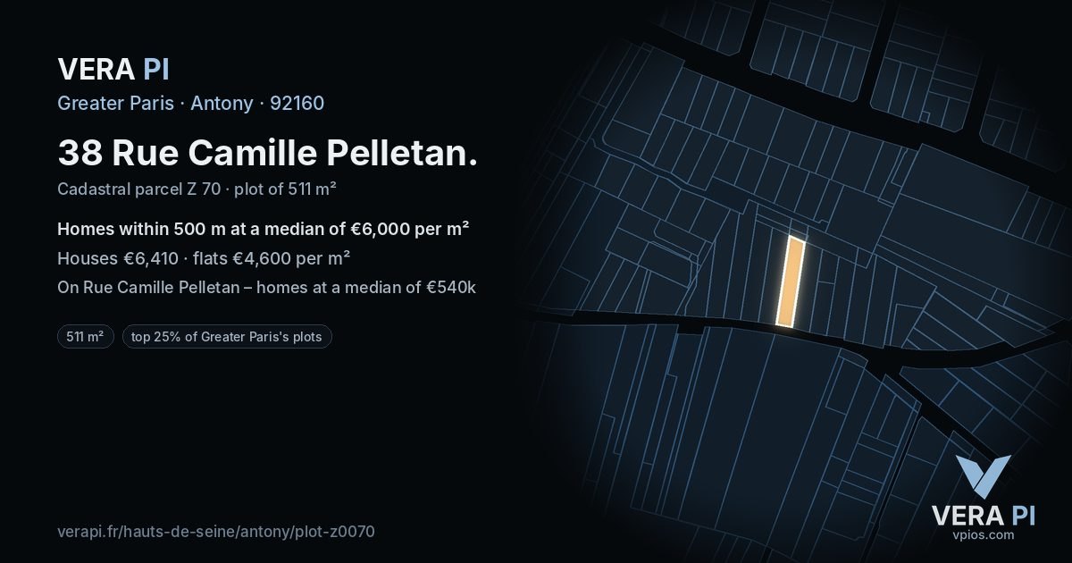 38 Rue Camille Pelletan, Antony at night – the plot lit, the parcels around coloured by the prices near them