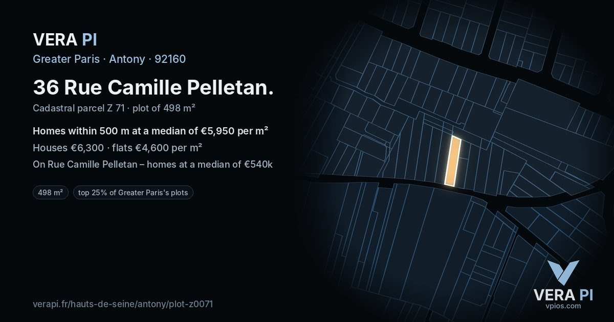 36 Rue Camille Pelletan, Antony at night – the plot lit, the parcels around coloured by the prices near them