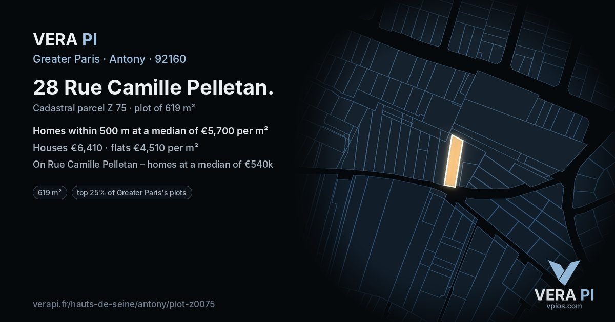 28 Rue Camille Pelletan, Antony at night – the plot lit, the parcels around coloured by the prices near them