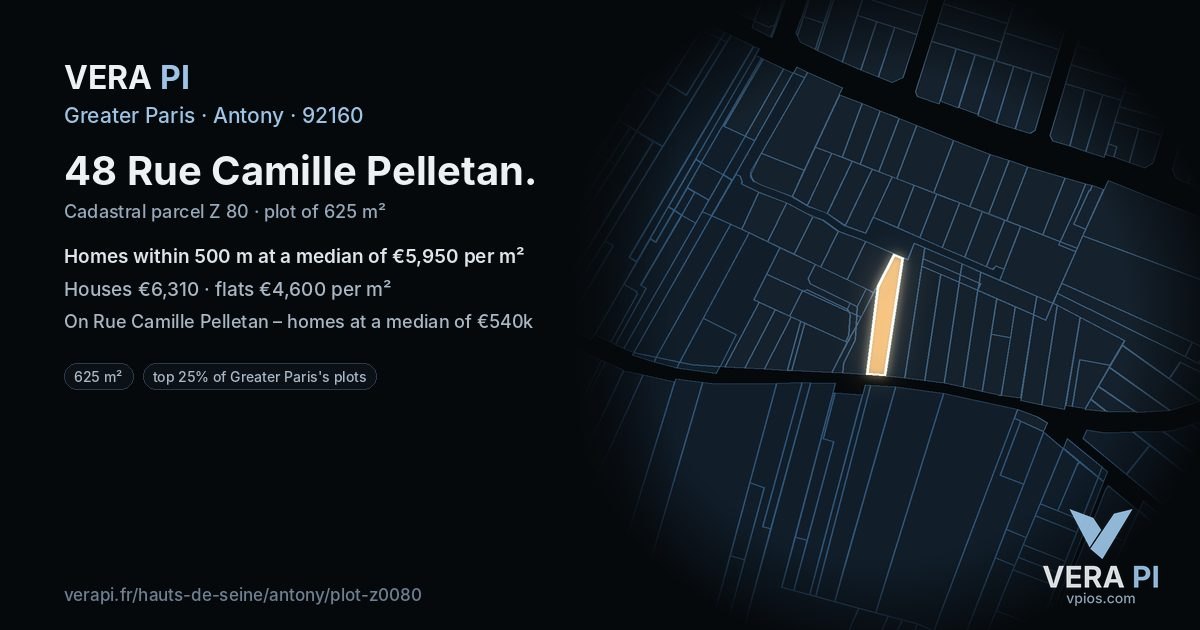 48 Rue Camille Pelletan, Antony at night – the plot lit, the parcels around coloured by the prices near them