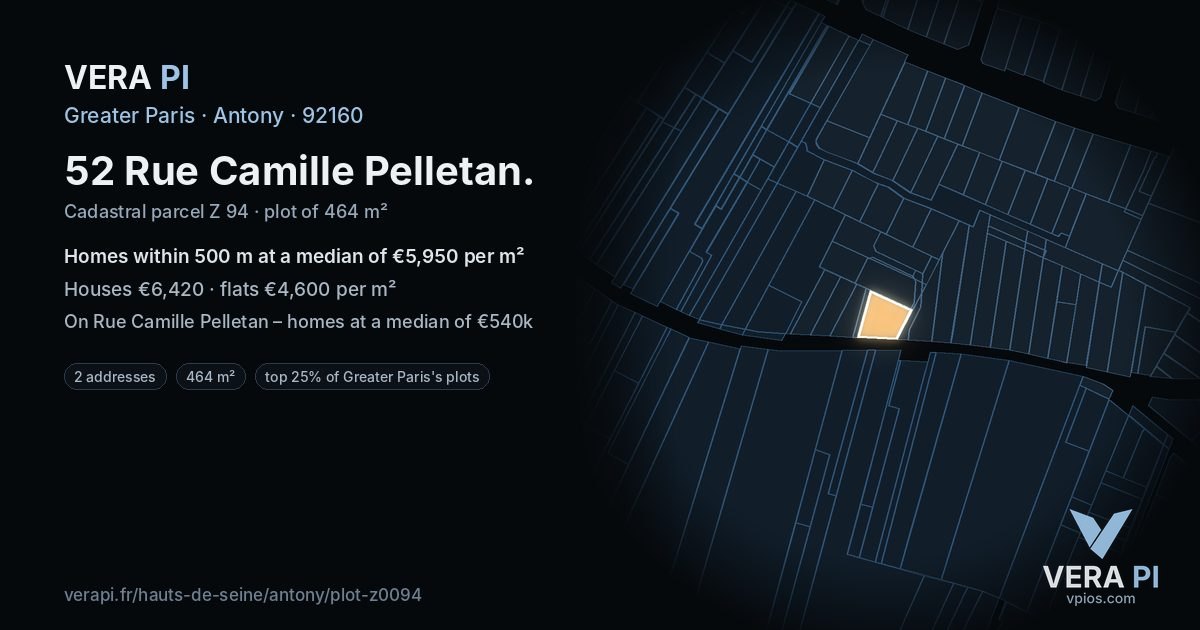 52 Rue Camille Pelletan, Antony at night – the plot lit, the parcels around coloured by the prices near them