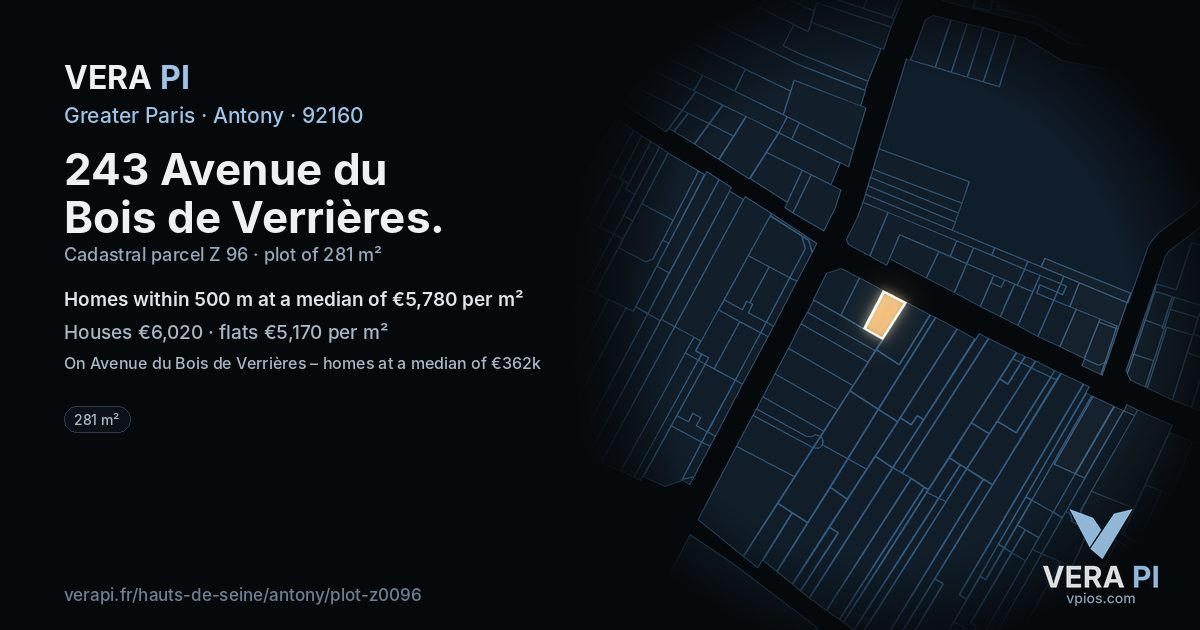 243 Avenue du Bois de Verrières, Antony at night – the plot lit, the parcels around coloured by the prices near them