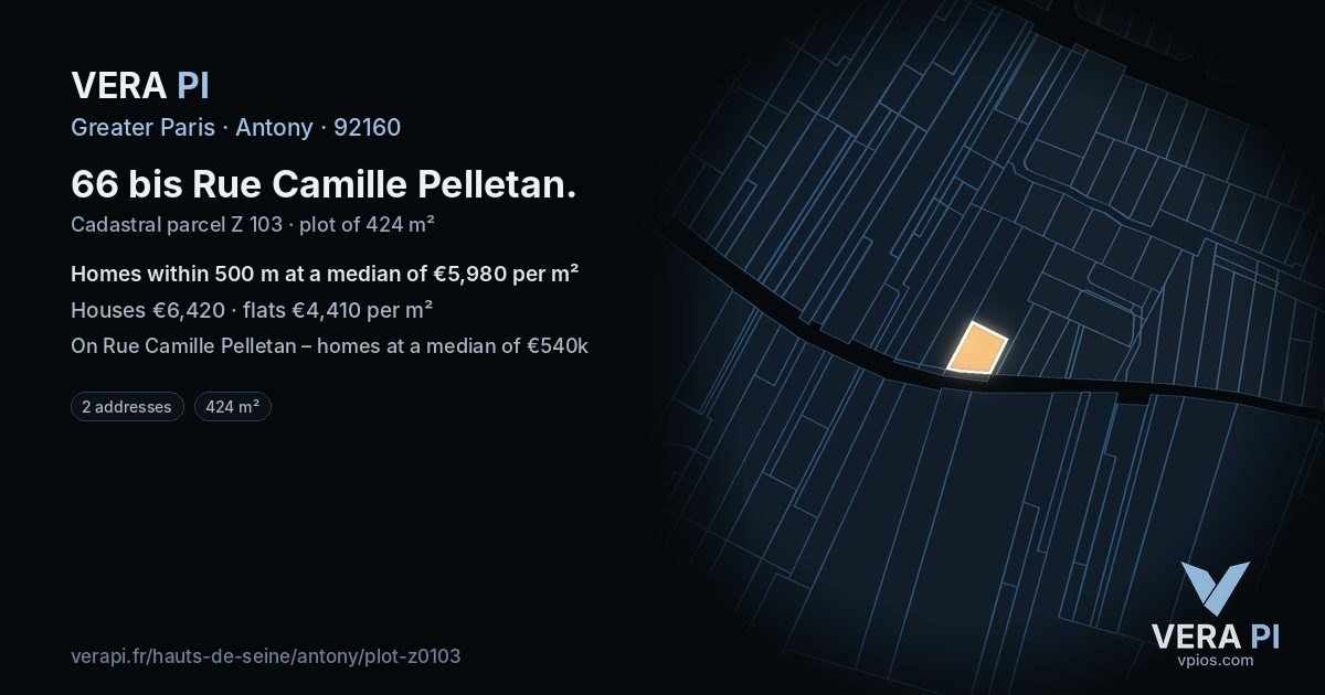 66 bis Rue Camille Pelletan, Antony at night – the plot lit, the parcels around coloured by the prices near them