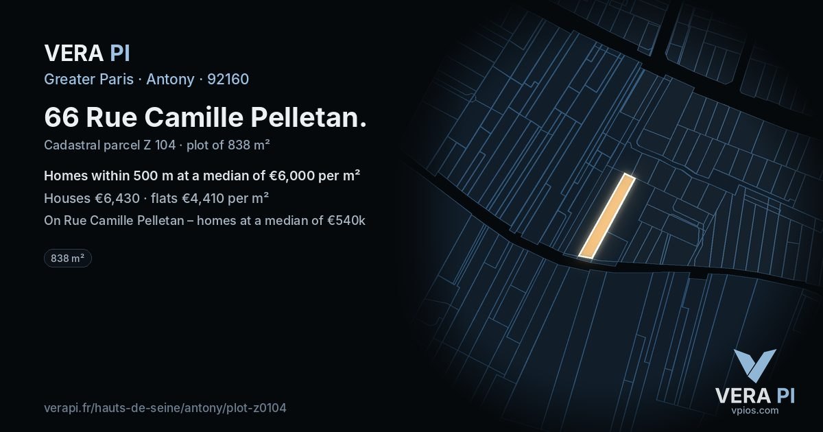 66 Rue Camille Pelletan, Antony at night – the plot lit, the parcels around coloured by the prices near them