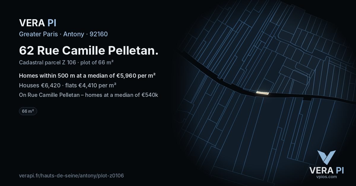 62 Rue Camille Pelletan, Antony at night – the plot lit, the parcels around coloured by the prices near them