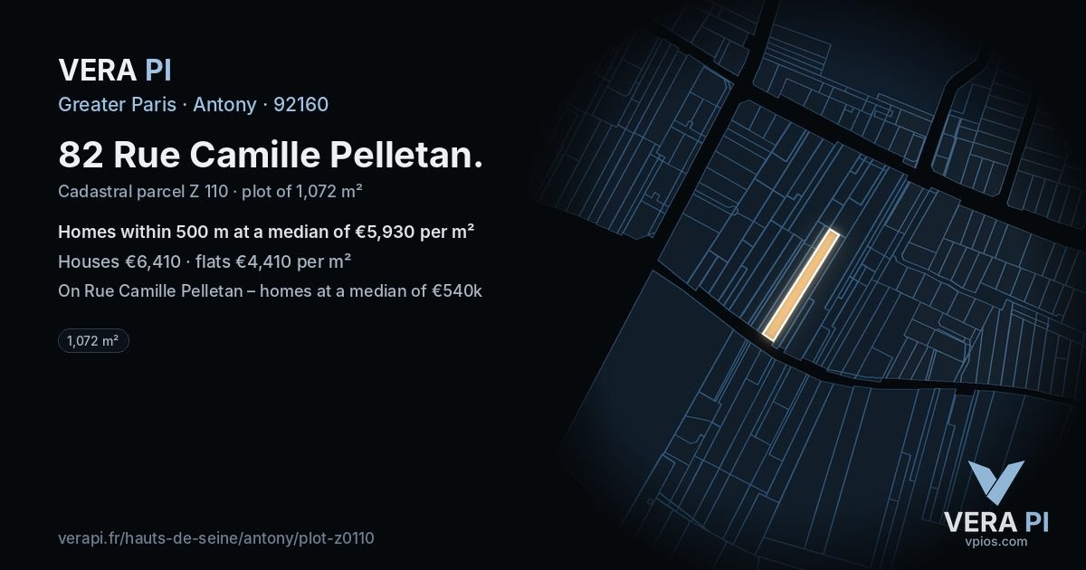 82 Rue Camille Pelletan, Antony at night – the plot lit, the parcels around coloured by the prices near them
