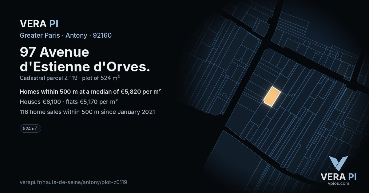 97 Avenue d'Estienne d'Orves, Antony at night – the plot lit, the parcels around coloured by the prices near them