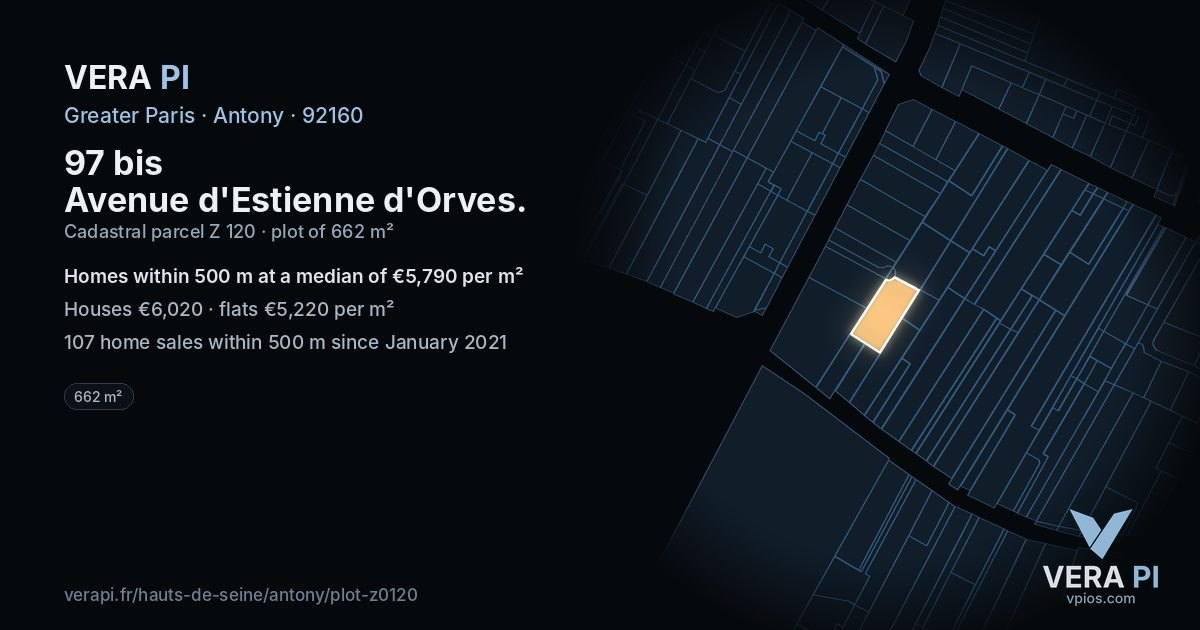 97 bis Avenue d'Estienne d'Orves, Antony at night – the plot lit, the parcels around coloured by the prices near them