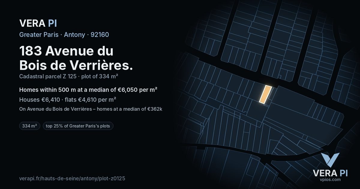 183 Avenue du Bois de Verrières, Antony at night – the plot lit, the parcels around coloured by the prices near them