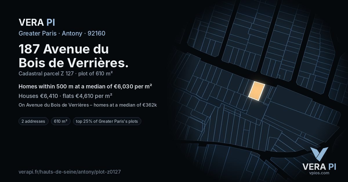 187 Avenue du Bois de Verrières, Antony at night – the plot lit, the parcels around coloured by the prices near them