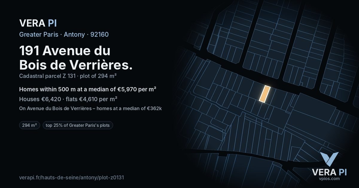 191 Avenue du Bois de Verrières, Antony at night – the plot lit, the parcels around coloured by the prices near them