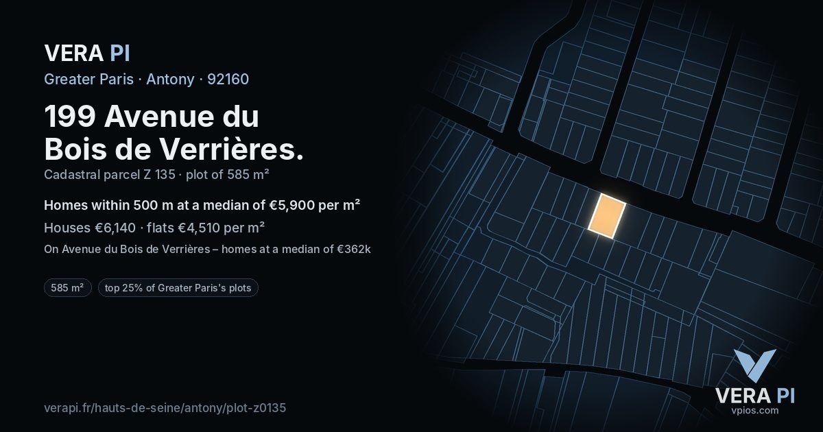199 Avenue du Bois de Verrières, Antony at night – the plot lit, the parcels around coloured by the prices near them