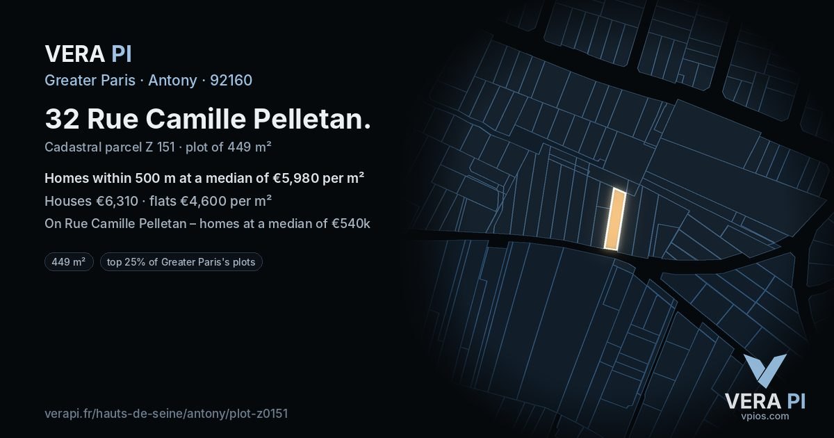 32 Rue Camille Pelletan, Antony at night – the plot lit, the parcels around coloured by the prices near them