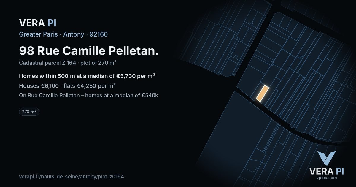 98 Rue Camille Pelletan, Antony at night – the plot lit, the parcels around coloured by the prices near them