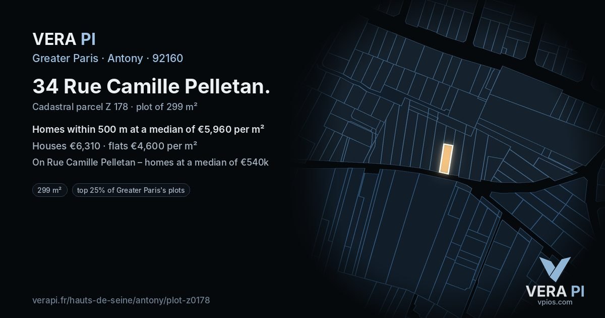 34 Rue Camille Pelletan, Antony at night – the plot lit, the parcels around coloured by the prices near them