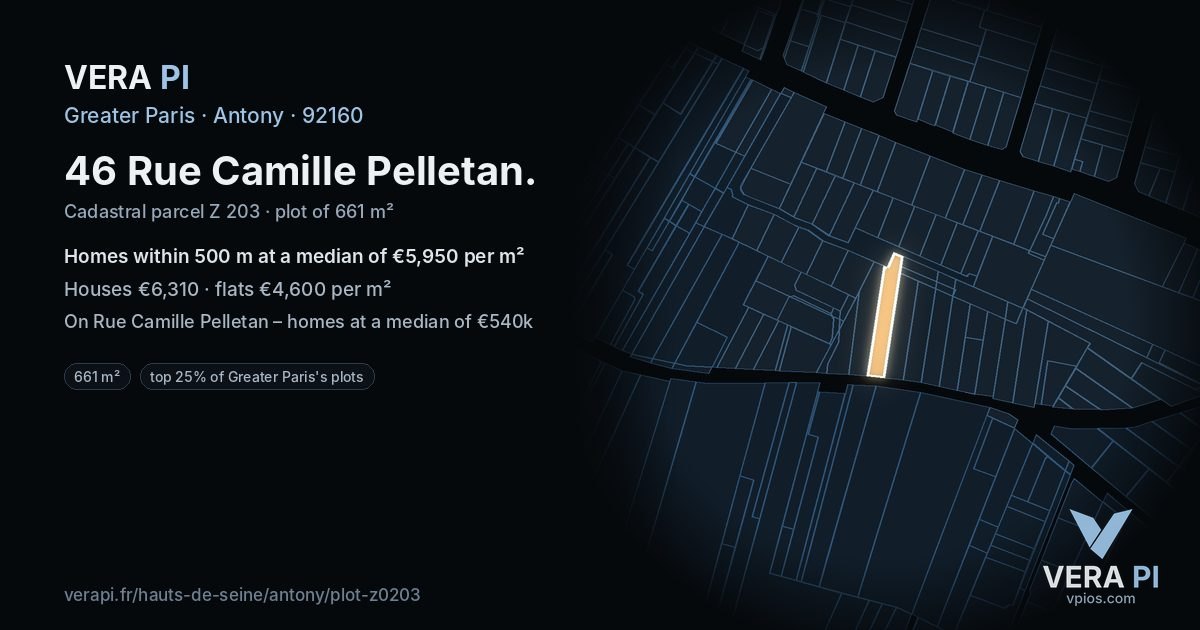 46 Rue Camille Pelletan, Antony at night – the plot lit, the parcels around coloured by the prices near them