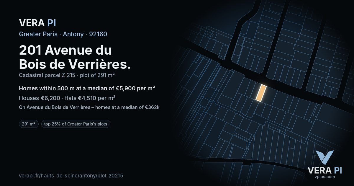 201 Avenue du Bois de Verrières, Antony at night – the plot lit, the parcels around coloured by the prices near them