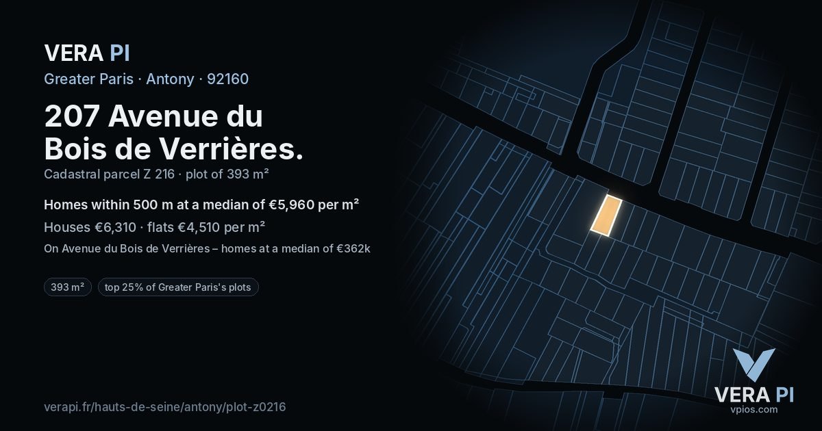 207 Avenue du Bois de Verrières, Antony at night – the plot lit, the parcels around coloured by the prices near them
