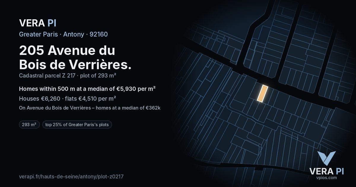 205 Avenue du Bois de Verrières, Antony at night – the plot lit, the parcels around coloured by the prices near them