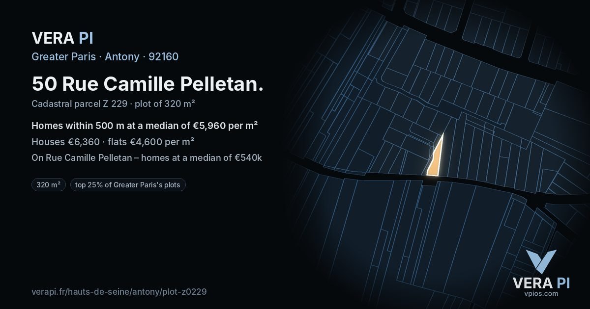 50 Rue Camille Pelletan, Antony at night – the plot lit, the parcels around coloured by the prices near them
