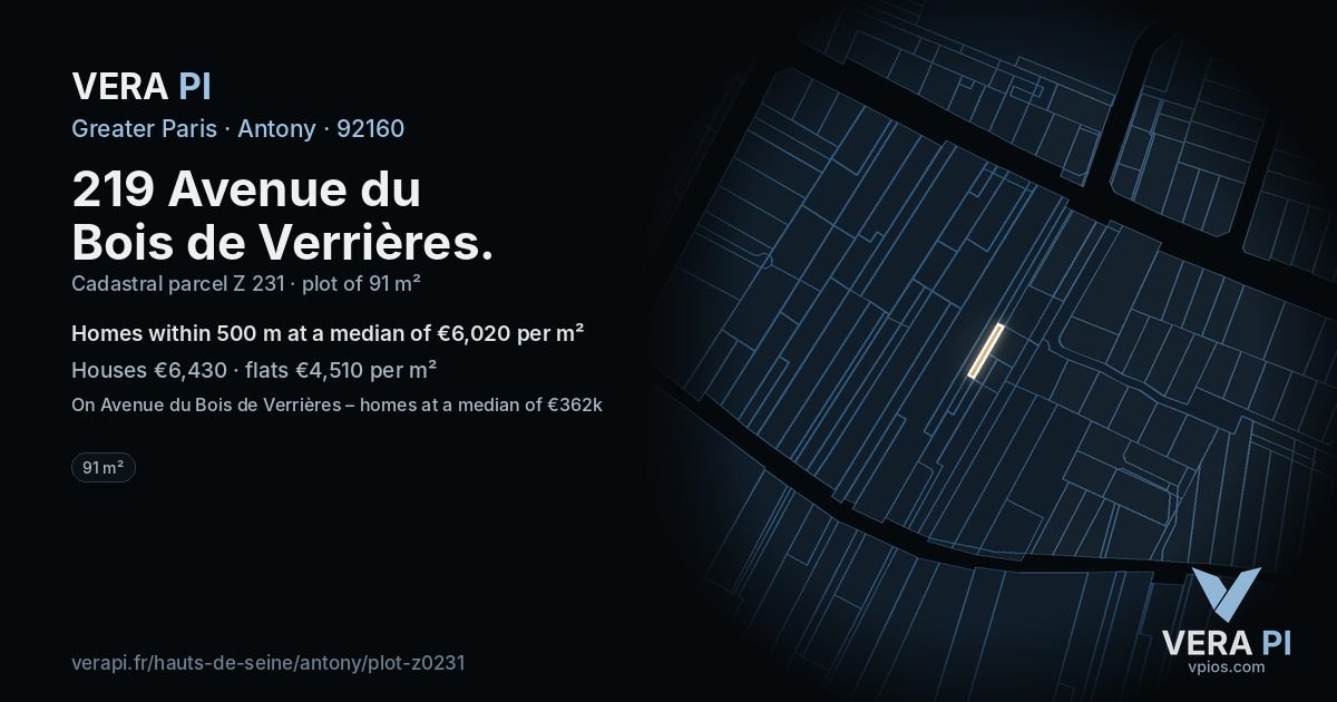 219 Avenue du Bois de Verrières, Antony at night – the plot lit, the parcels around coloured by the prices near them