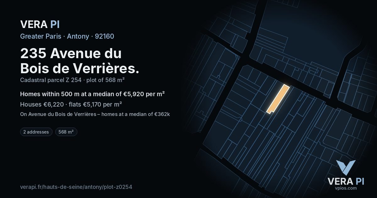 235 Avenue du Bois de Verrières, Antony at night – the plot lit, the parcels around coloured by the prices near them