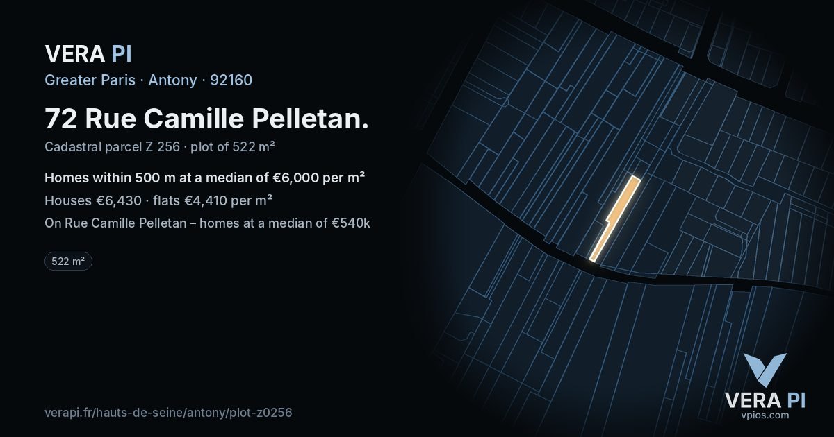 72 Rue Camille Pelletan, Antony at night – the plot lit, the parcels around coloured by the prices near them