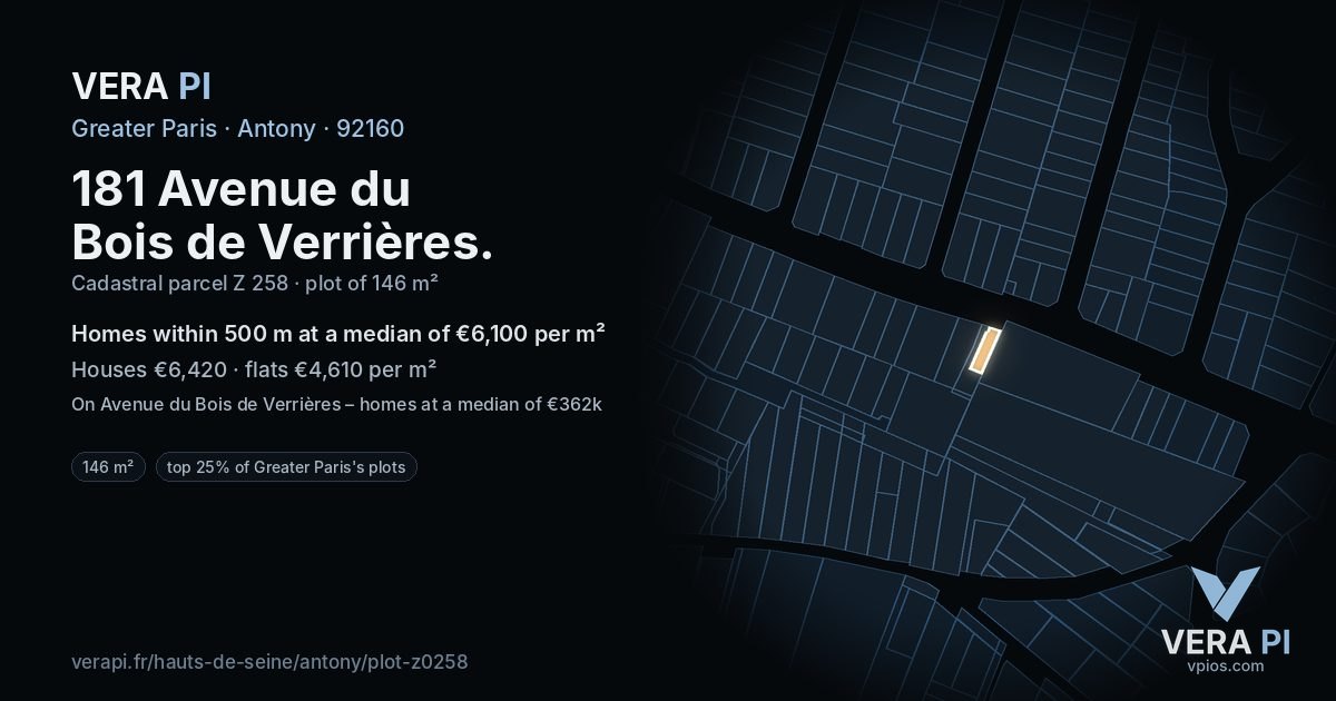 181 Avenue du Bois de Verrières, Antony at night – the plot lit, the parcels around coloured by the prices near them