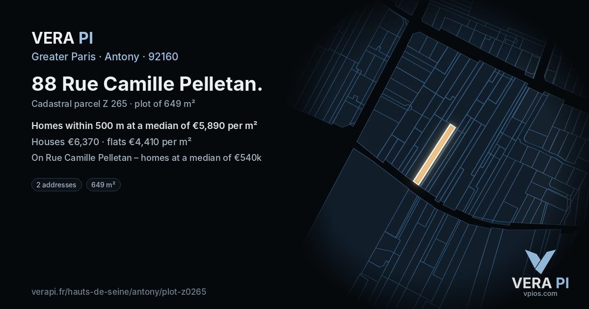 88 Rue Camille Pelletan, Antony at night – the plot lit, the parcels around coloured by the prices near them