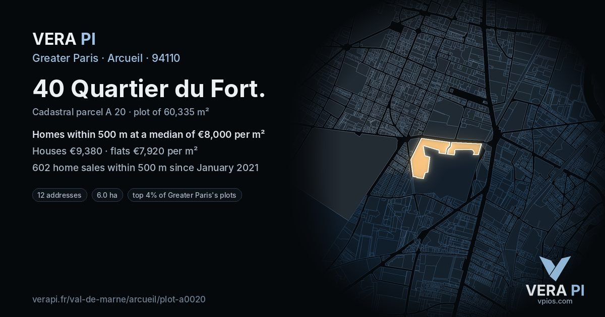 40 Quartier du Fort, Arcueil at night – the plot lit, the parcels around coloured by the prices near them