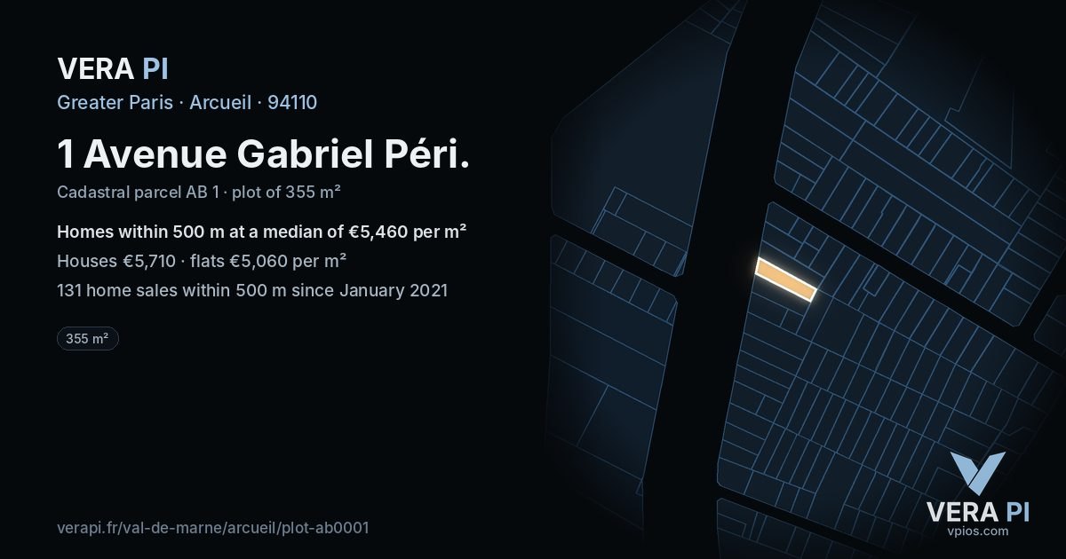 1 Avenue Gabriel Péri, Arcueil at night – the plot lit, the parcels around coloured by the prices near them