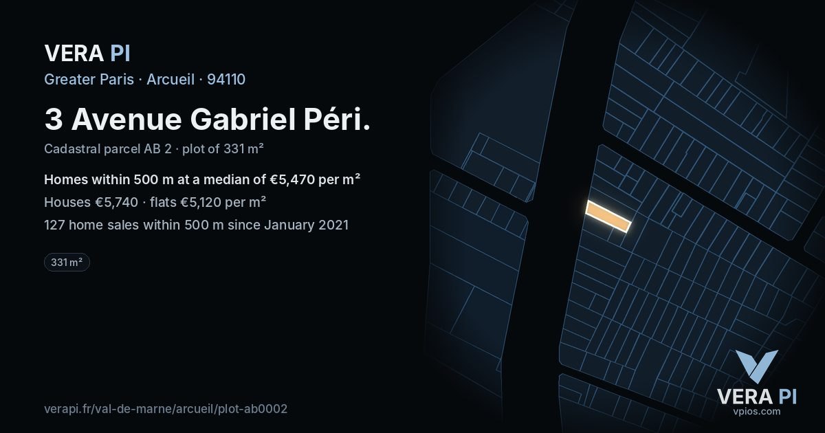 3 Avenue Gabriel Péri, Arcueil at night – the plot lit, the parcels around coloured by the prices near them