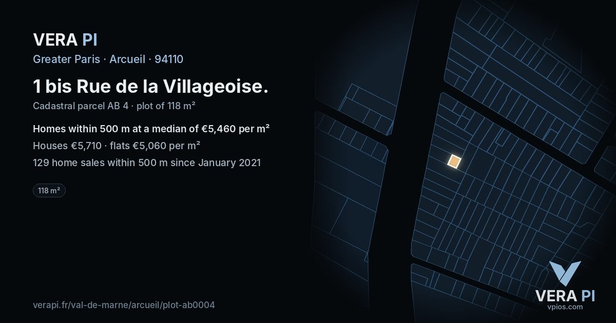 1 bis Rue de la Villageoise, Arcueil at night – the plot lit, the parcels around coloured by the prices near them