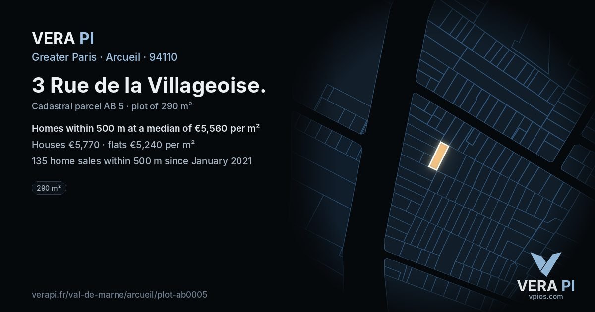 3 Rue de la Villageoise, Arcueil at night – the plot lit, the parcels around coloured by the prices near them