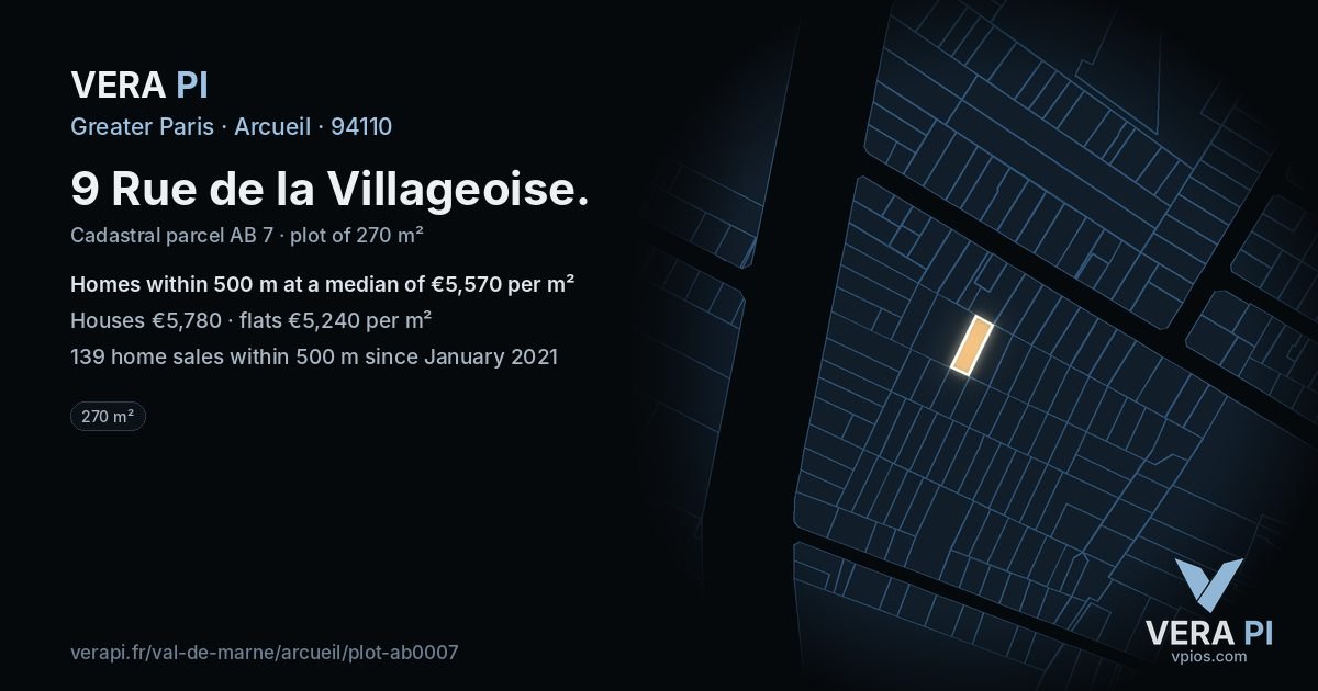 9 Rue de la Villageoise, Arcueil at night – the plot lit, the parcels around coloured by the prices near them