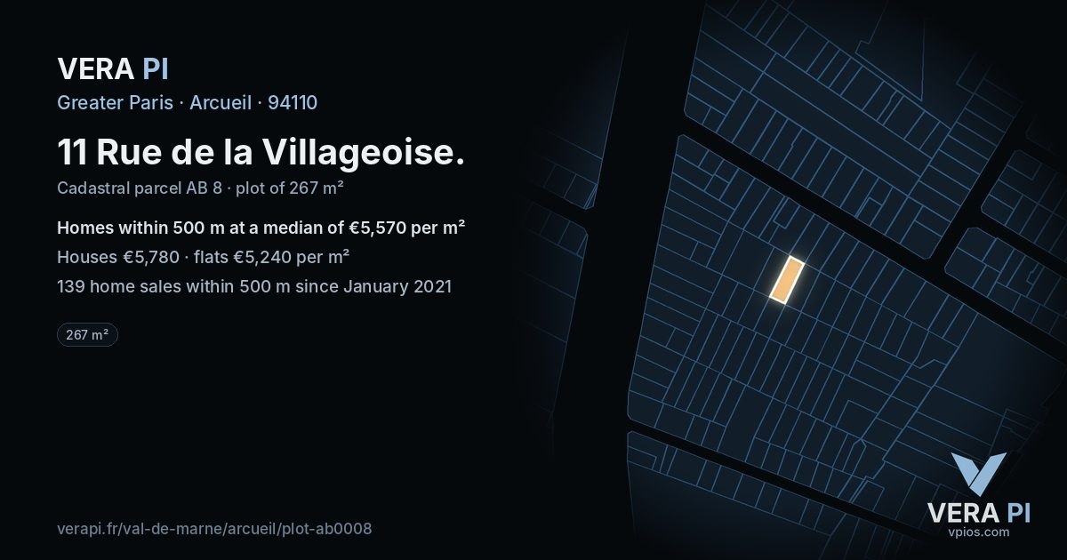 11 Rue de la Villageoise, Arcueil at night – the plot lit, the parcels around coloured by the prices near them
