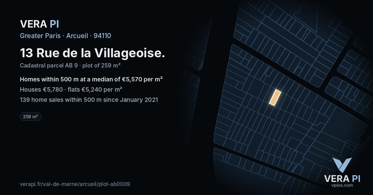 13 Rue de la Villageoise, Arcueil at night – the plot lit, the parcels around coloured by the prices near them