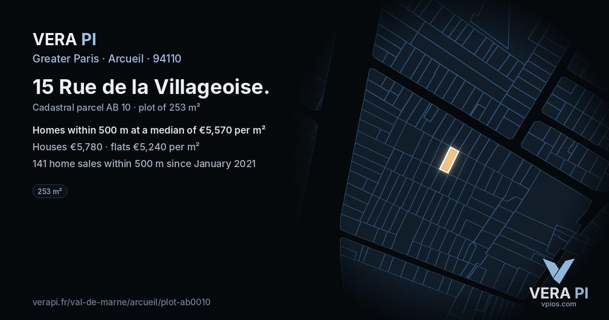 15 Rue de la Villageoise, Arcueil at night – the plot lit, the parcels around coloured by the prices near them