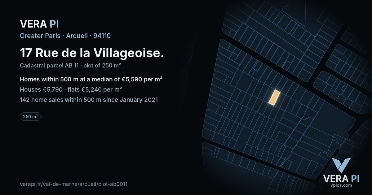 17 Rue de la Villageoise, Arcueil at night – the plot lit, the parcels around coloured by the prices near them
