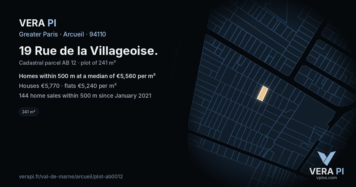 19 Rue de la Villageoise, Arcueil at night – the plot lit, the parcels around coloured by the prices near them