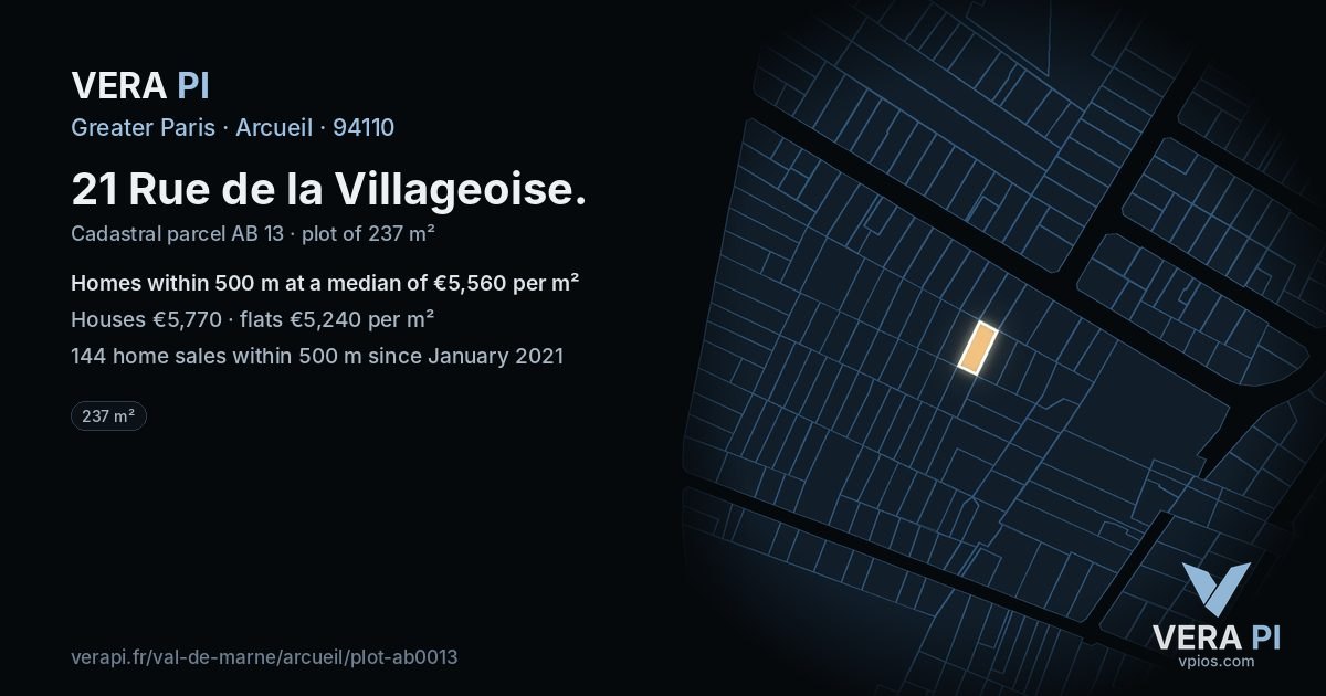 21 Rue de la Villageoise, Arcueil at night – the plot lit, the parcels around coloured by the prices near them
