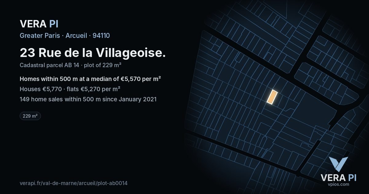 23 Rue de la Villageoise, Arcueil at night – the plot lit, the parcels around coloured by the prices near them