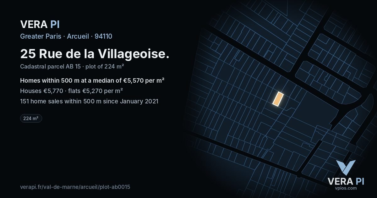 25 Rue de la Villageoise, Arcueil at night – the plot lit, the parcels around coloured by the prices near them