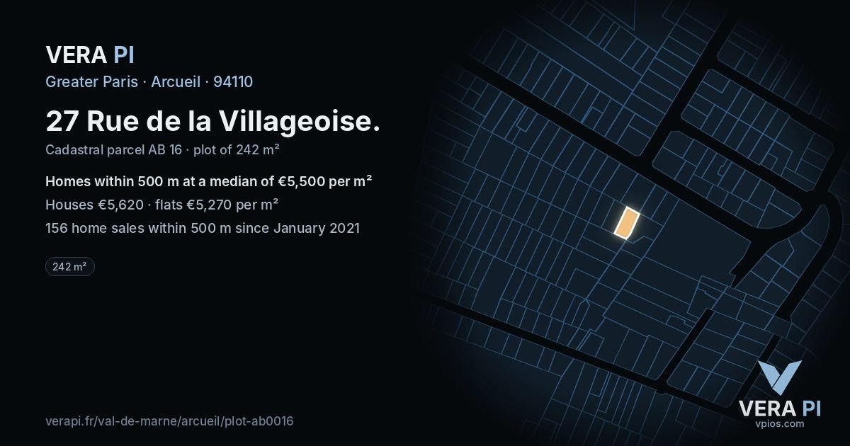 27 Rue de la Villageoise, Arcueil at night – the plot lit, the parcels around coloured by the prices near them