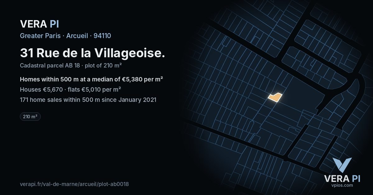 31 Rue de la Villageoise, Arcueil at night – the plot lit, the parcels around coloured by the prices near them