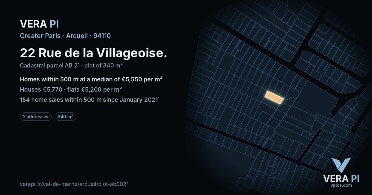 22 Rue de la Villageoise, Arcueil at night – the plot lit, the parcels around coloured by the prices near them