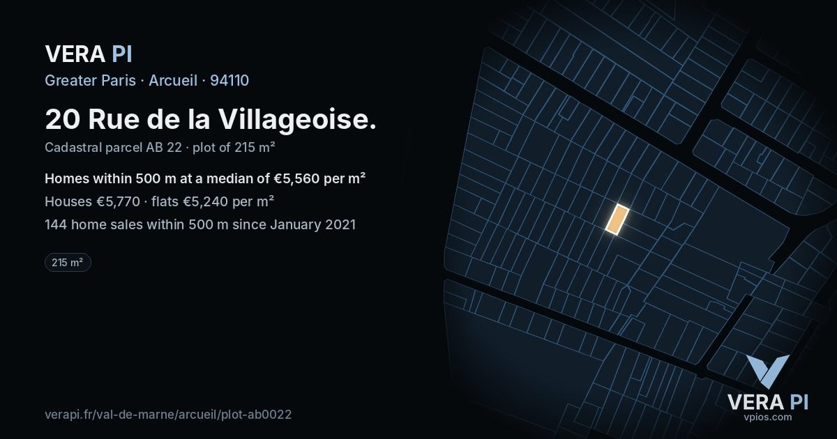 20 Rue de la Villageoise, Arcueil at night – the plot lit, the parcels around coloured by the prices near them